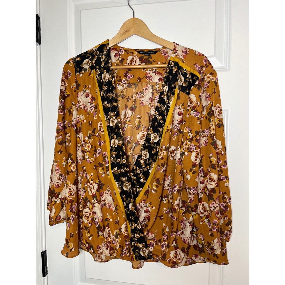 Zac & Rachel Mustard Yellow Floral Surplice Blouse XL Long Sleeve V-Neck Top